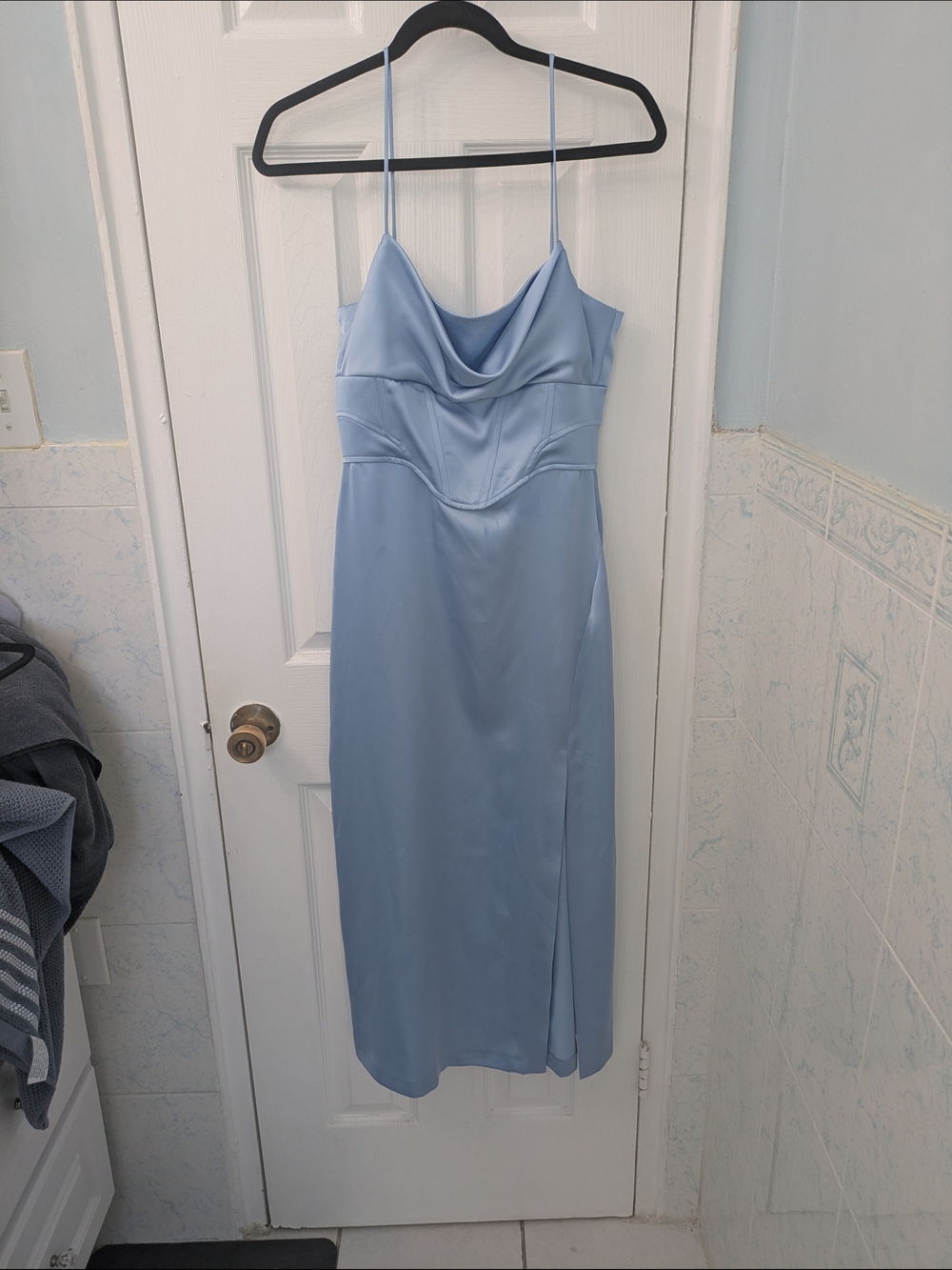 Zara Light Blue Satin Cowl Midi Dress
